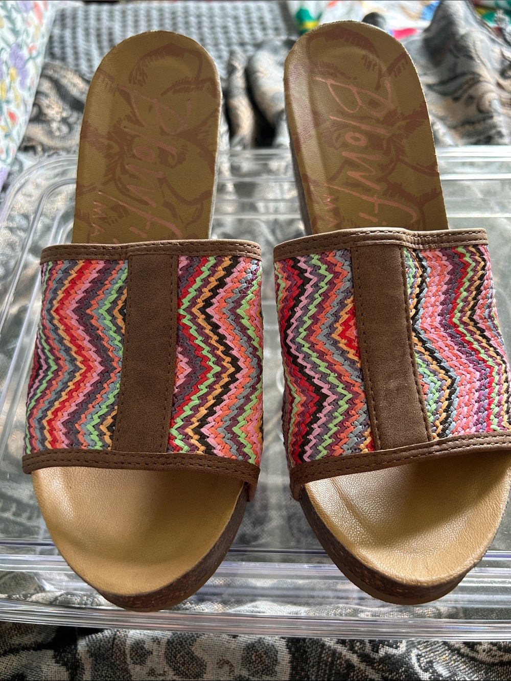 Multicolor Zigzag Woven Slide Mules with Brown Trim